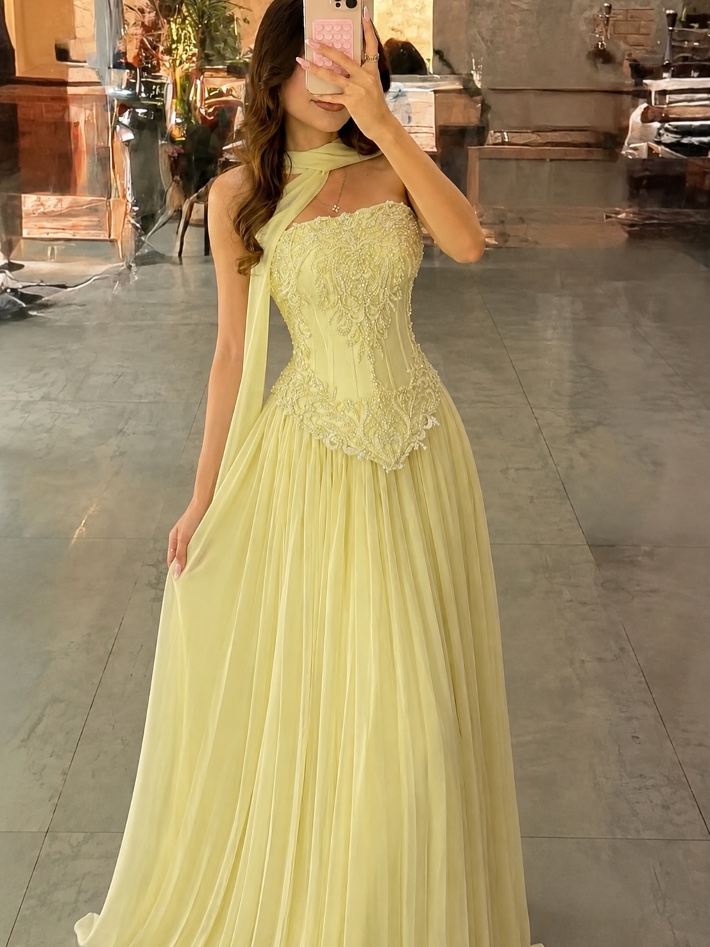 Embroidery Yellow Dress - Gaun pesta korset renda kuning seksi