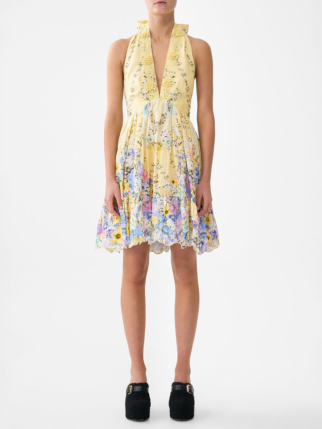 Embroidery Yellow Dress - Gaun A-Line Berlubang dengan Bordir Bunga