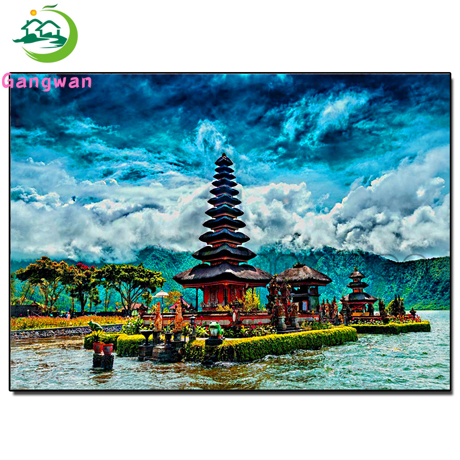 Embroidery Bali - Lukisan berlian bangunan indah mosaik Danau