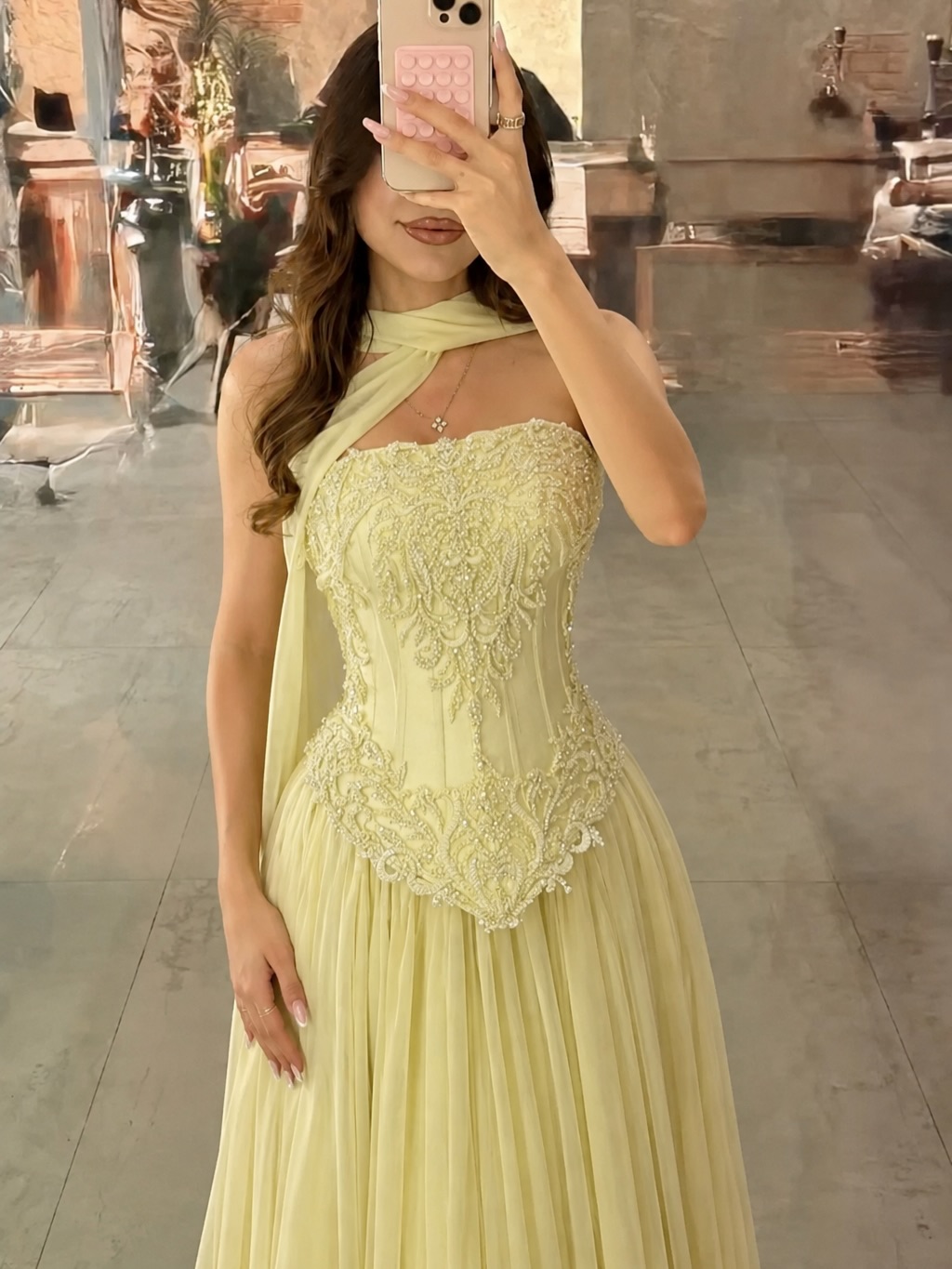 Gaun pesta korset renda kuning - Embroidery Yellow Dress ulasan dan harga