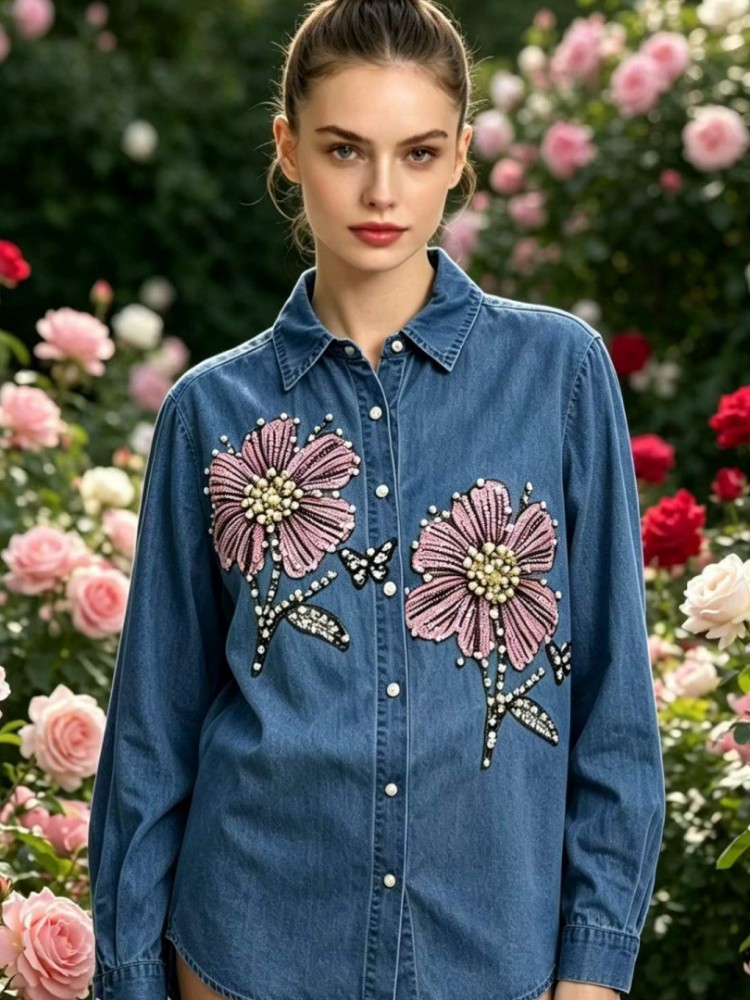 Blus Bordir Denim Wanita Kemej - Embroidery Cotton Shirt ulasan dan harga