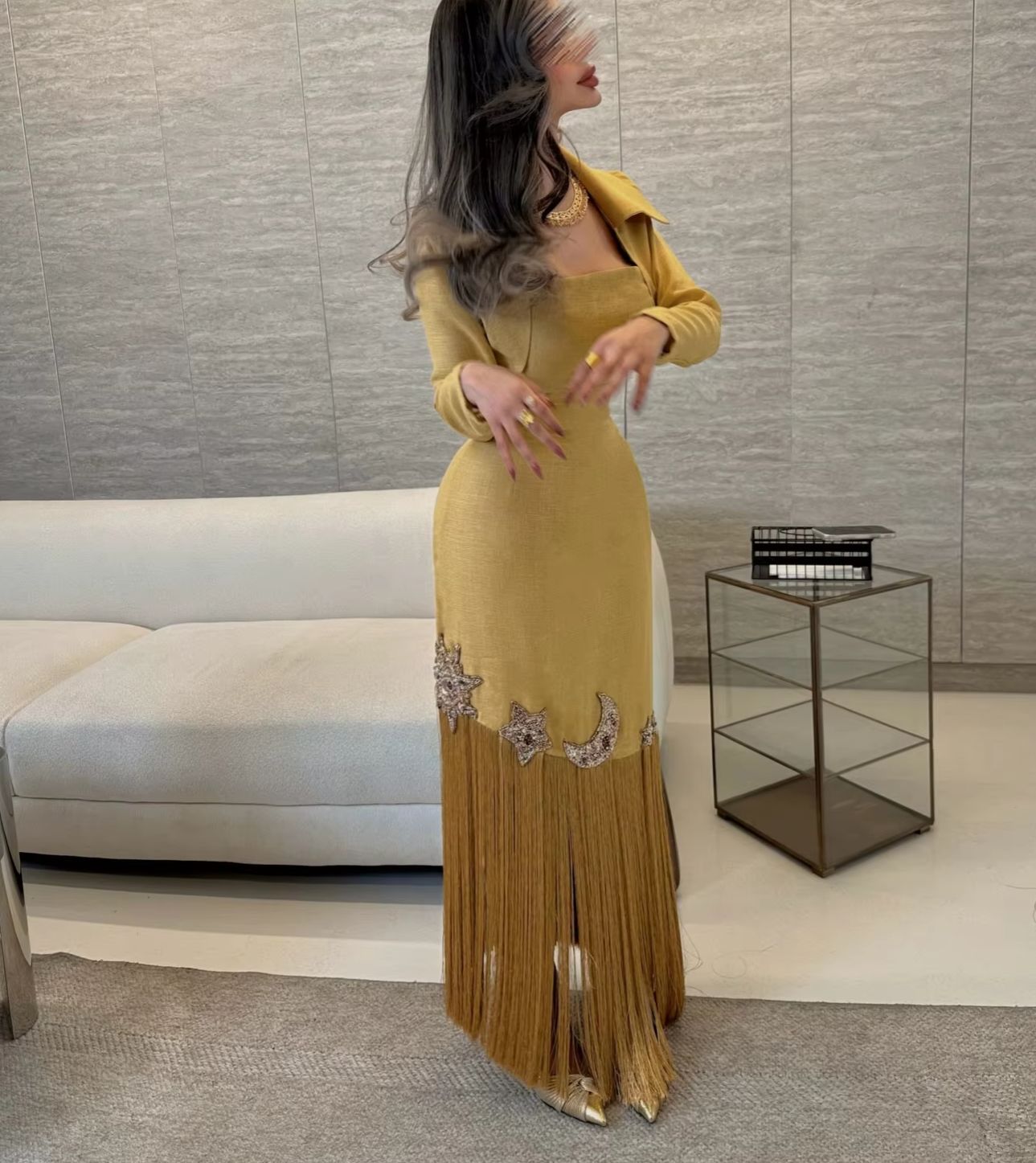 Gaun Malam Elegan Kustom Warna - Embroidery Yellow Dress ulasan dan harga